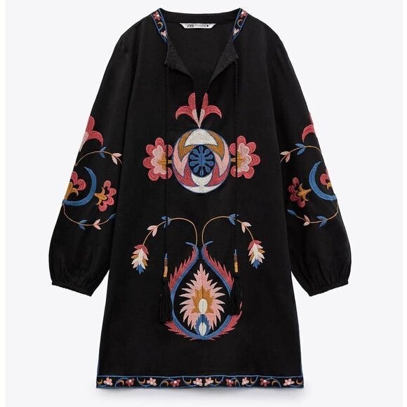 ZARA LINEN BLEND SHORT BOHO EMBROIDERED DRESS FLORAL NEW - Picture 1 of 9
